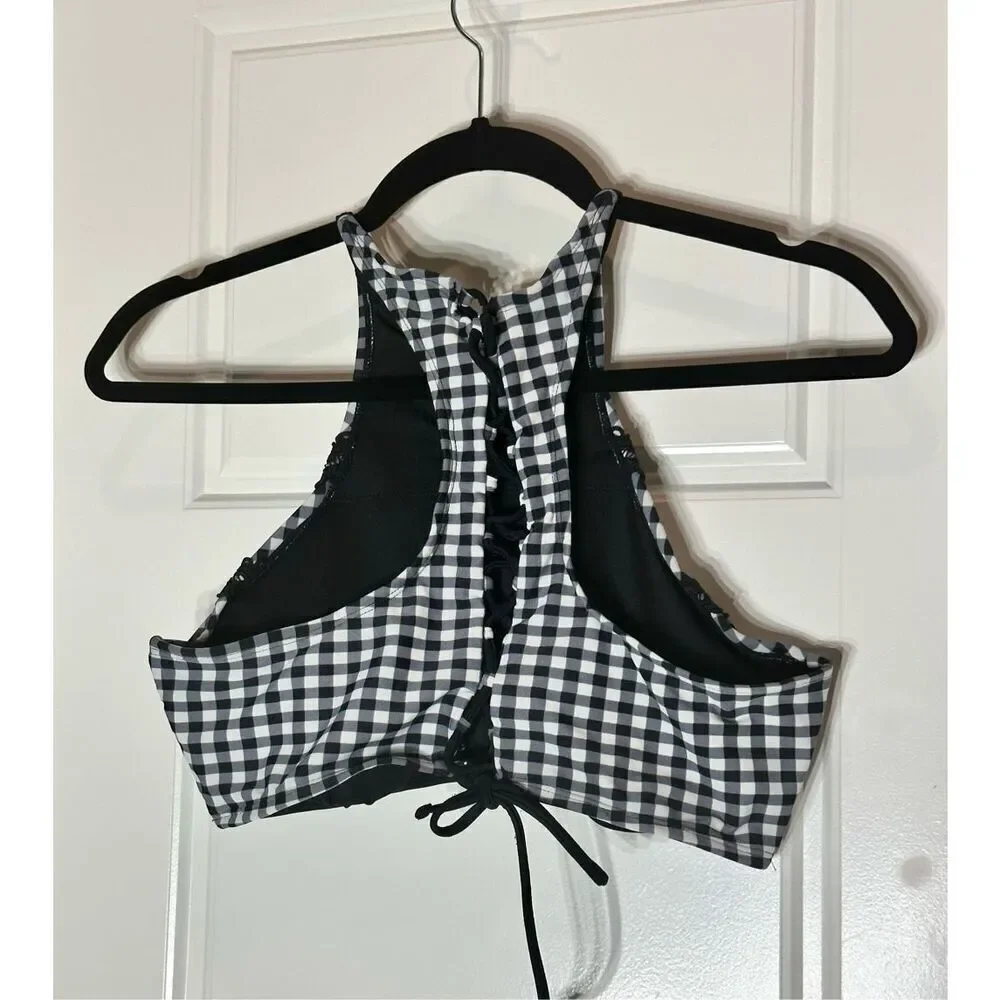Betsey Johnson size L swim bikini top Gingham black/ white